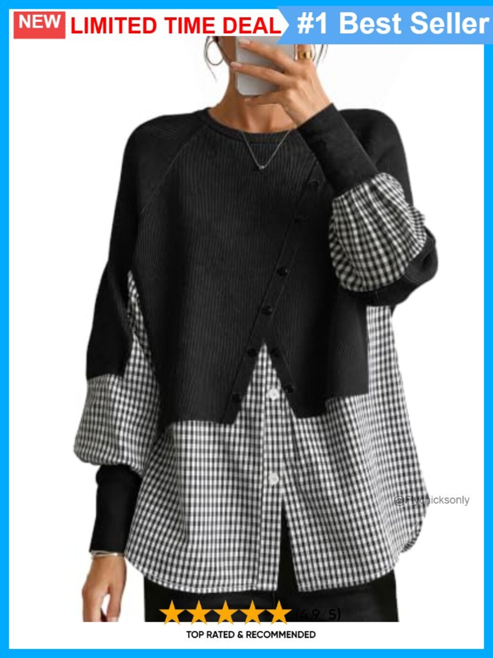 Knit Long Sleeve Tunic Top with Plaid Patchwork, Lightweight Layered Look